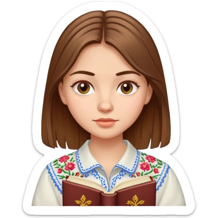 A Ukrainian girl with brown hair in an embroidered shirt reads a book sticker