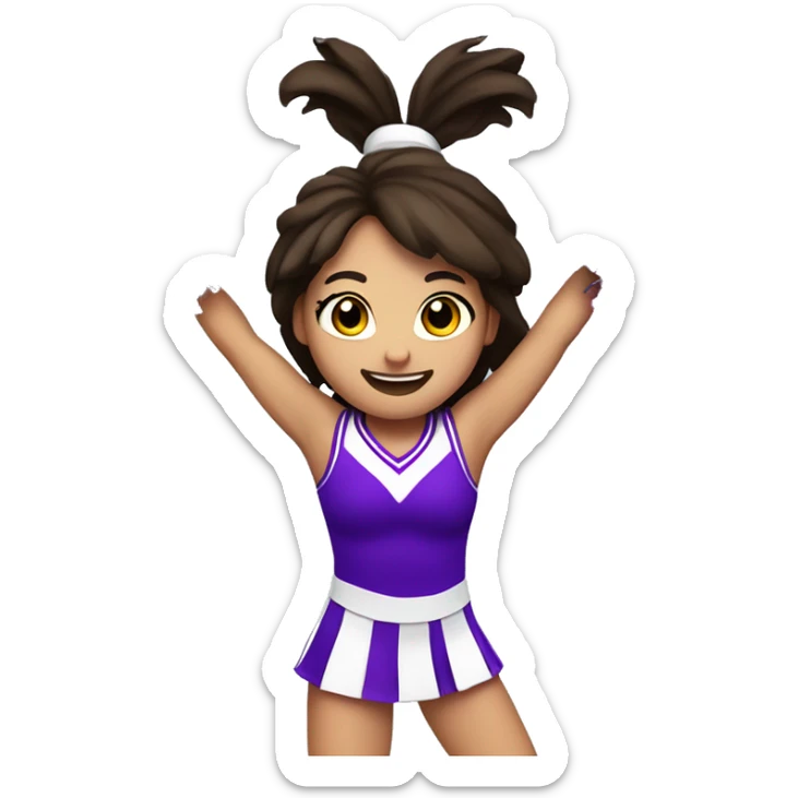 Caucasian cheerleader with dark brown hair, jumping and holding up two purple Pom poms sticker