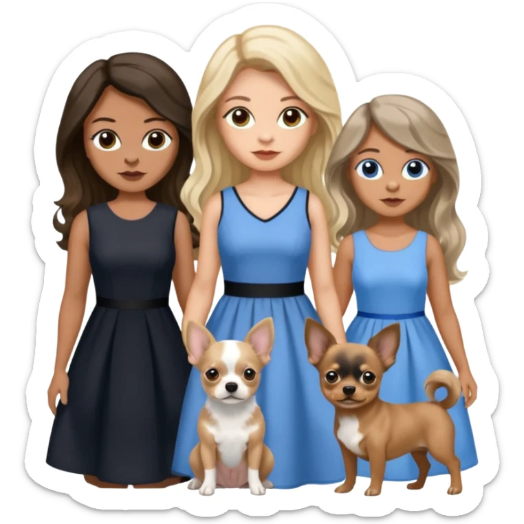 Three women in isolated dresses, brown eyed light skin with dark blonde long hair and Brown eyed light skin black long wavy hair and blue eyed light skin long blonde hair with gray Merle Frenchie and  black and tan chihuahua  sticker