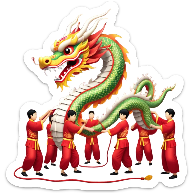 Cinematic Realistic scene of a traditional Chinese Dragon Dance featuring a team of performers skillfully manipulating a colossal, flexible dragon puppet, its intricately detailed, vibrant scales and flowing, embroidered fabric catching the light, set against a festive backdrop of red lanterns and dynamic red-tinged lighting that accentuates the majestic presence of the dragon puppet. sticker