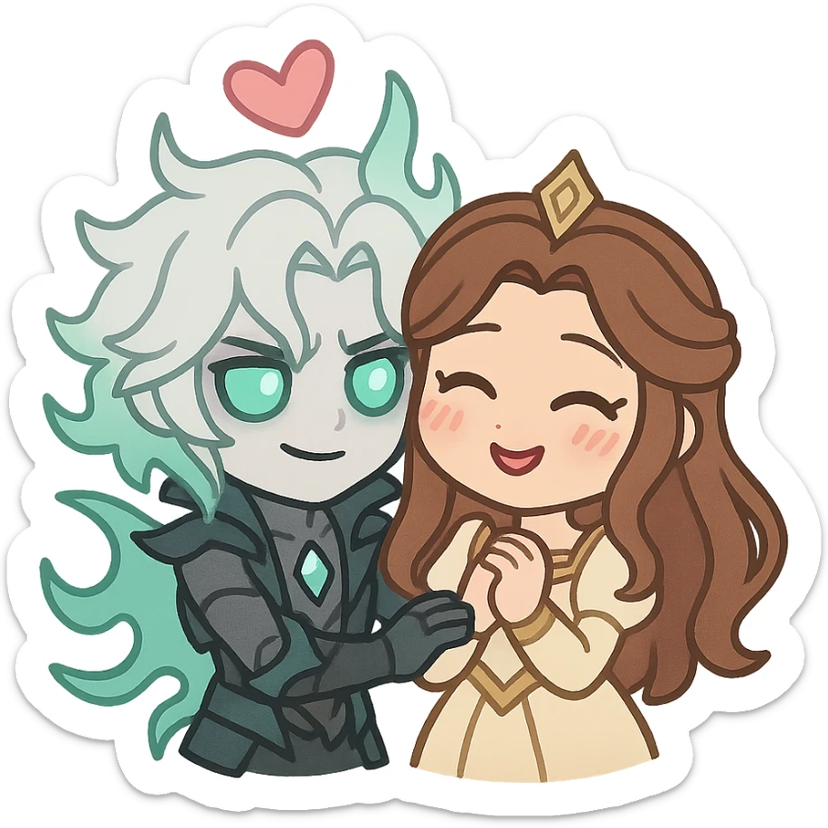 chibi emoji of Viego and Isolde together, cute and expressive, inspired by League of Legends sticker
