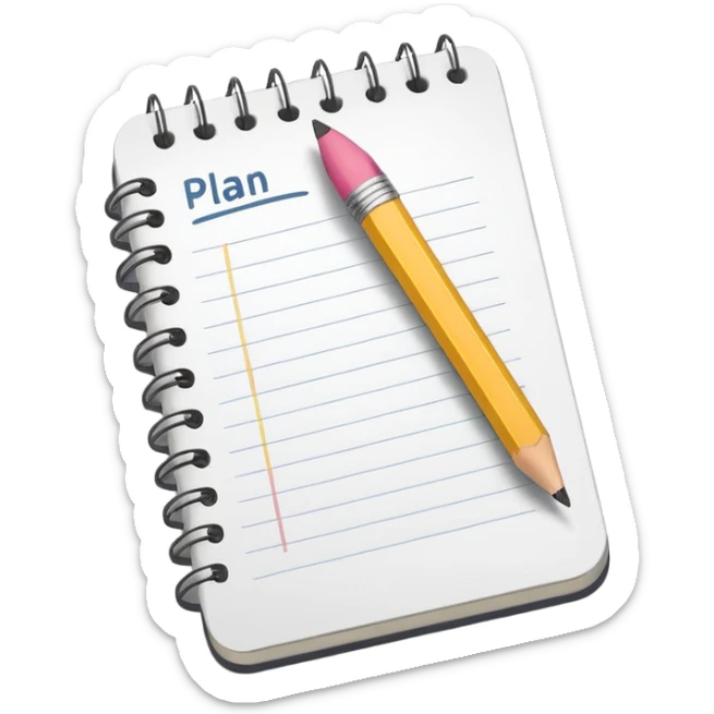 Emoji of a notebook with a pencil and the word “PLAN” written on the cover, iPhone emoji style. Flat design, smooth gradients, rounded edges, soft shadows, clean look, white background. sticker