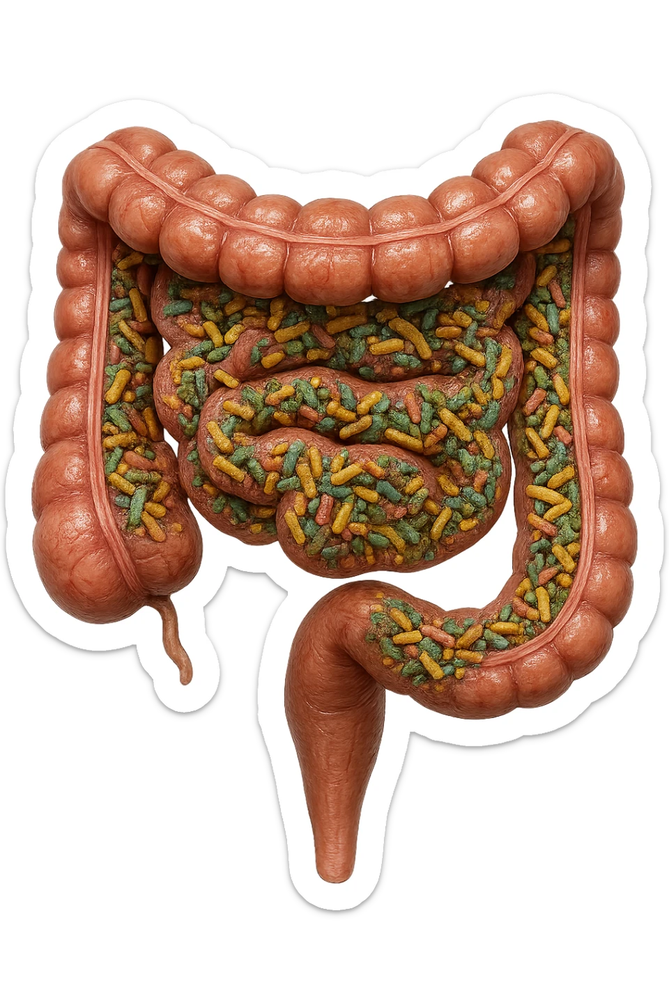 COLON DI UN INTESTINO UMANO ANATOMICO CON ALL'INTERNO PIENO DI BATTERI INTESTINALI, IPERREALISTICO 4K, NON DISEGNATO sticker