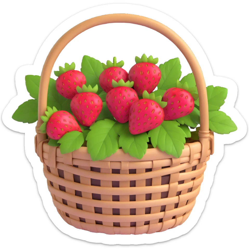 A basket of strawberries, vibrant red strawberries with green leaves, light brown woven basket with a handle sticker