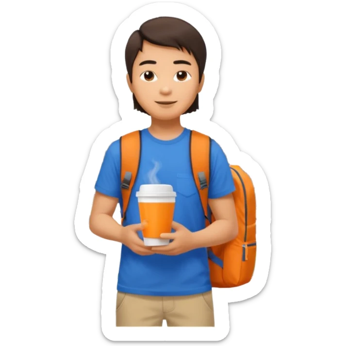 an asian man in blue t-shirt with orange cup of coffee and backpack on the back. Eiffel tower on the background. shoulder length  sticker