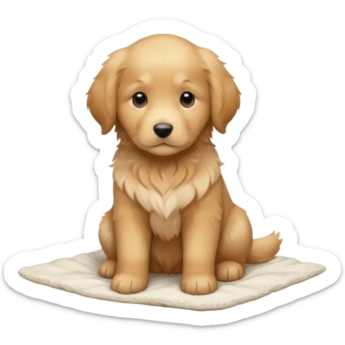 A Golden Retriever puppy standing peacefully on a soft blanket indoors. Cozy home environment, natural lighting, soft focus, adorable realism. sticker