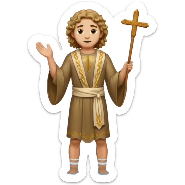 fullbody young man with wavy hair in saintly attire standing in water John the Baptist, emoji style sticker