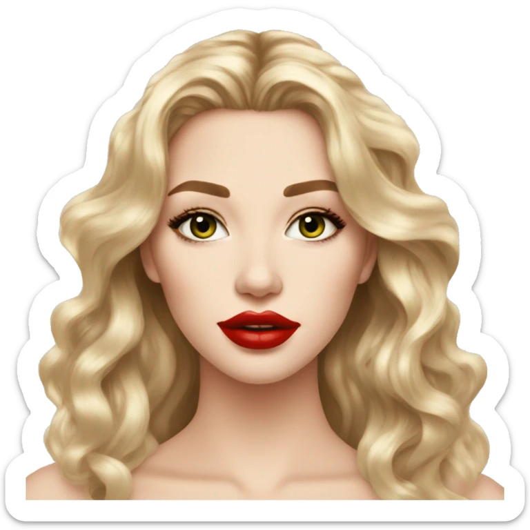 beautiful woman, hazel green eyes, blonde long wavy hair, white skin, big lips, red lipstick, great makeup sticker