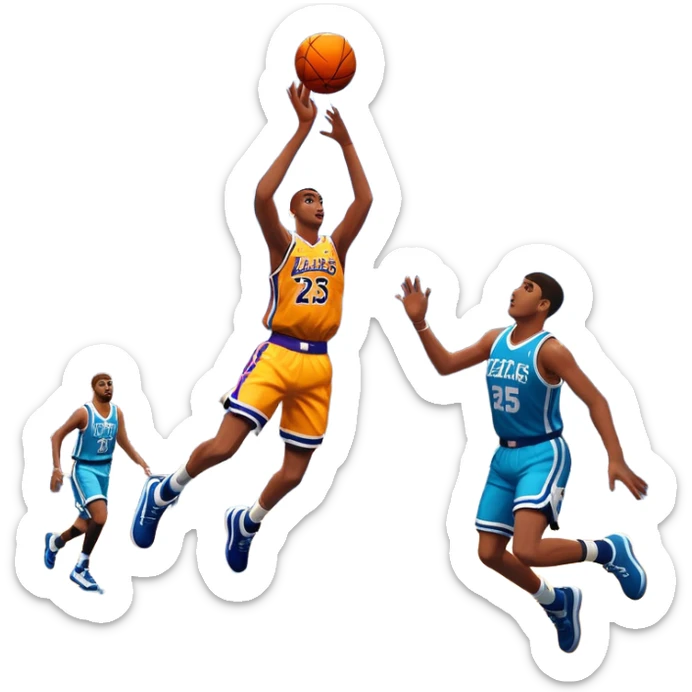 An icon featuring a basketball court with players in action, inspired by NBA 2K25. A player jumps for a dunk, with the ball mid-air. Bright lights illuminate the court, symbolizing the excitement of sports simulation games. Transparent background emphasizes the energy. sticker