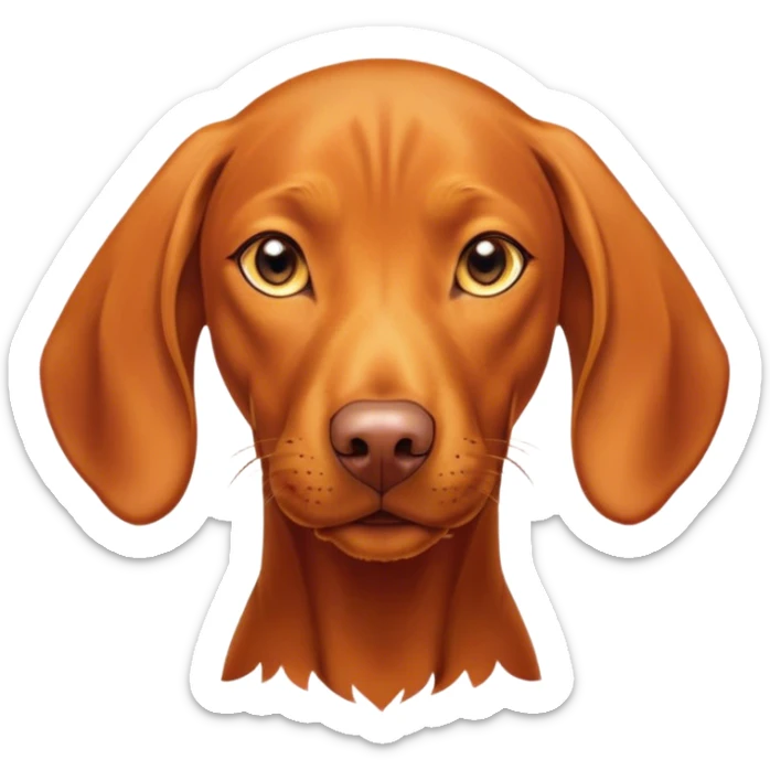 Cinematic Cute Vizsla Portrait Emoji, Head tilted playfully and inquisitively, featuring a sleek rust and gold Fur with a natural sheen, round, sparkling amber eyes filled with curiosity, Simplified yet irresistibly adorable features, highly detailed, glowing with a warm, friendly glow, high shine, affectionate and spirited, stylized with a touch of whimsy, bright and endearing, soft glowing outline, capturing the essence of a mischievous yet loving companion, so playful it feels like it could dash out of the screen and into your arms! sticker