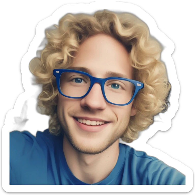 Benedikt A. Laufer aka @Apfeldenker. Curly blond hair and glasses. Often wears blue colors sticker