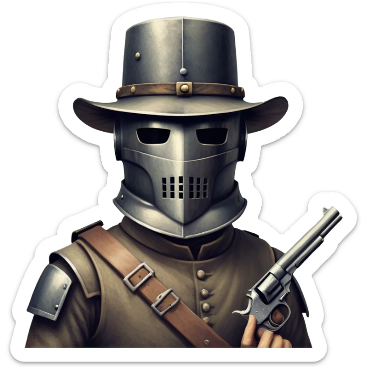 Cinematic Realistic Ned Kelly Portrait Emoji, depicted as the legendary Australian bushranger in his iconic homemade iron helmet and armor, gripping a revolver with a defiant stance. The scene is rendered with gritty textures and dramatic, shadowed lighting, evoking the lawless frontier and his rebellious, fearless legacy. sticker