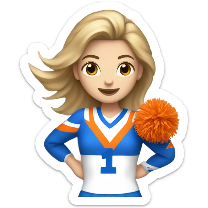 Caucasian Cheerleader with orange and blue Pom poms  in her hand and a “K1 “on Uniform sticker