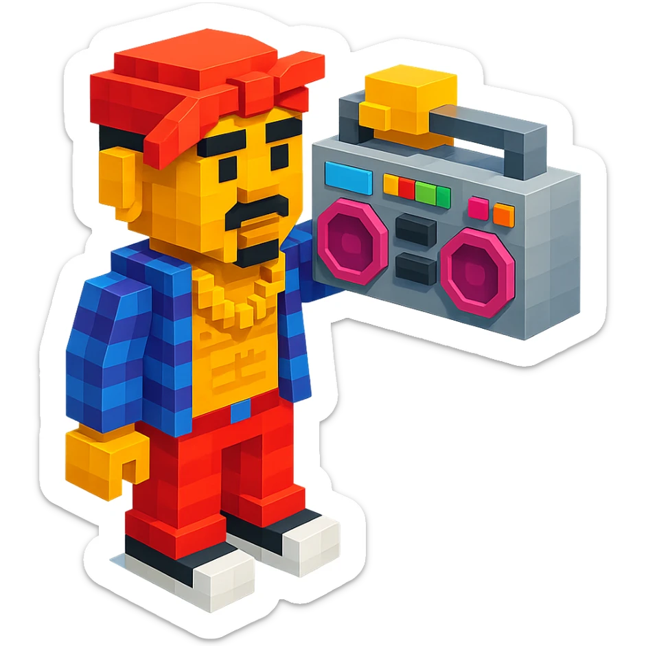 Lego 2Pac holding a boombox, detailed and colorful, retro hip-hop vibe sticker