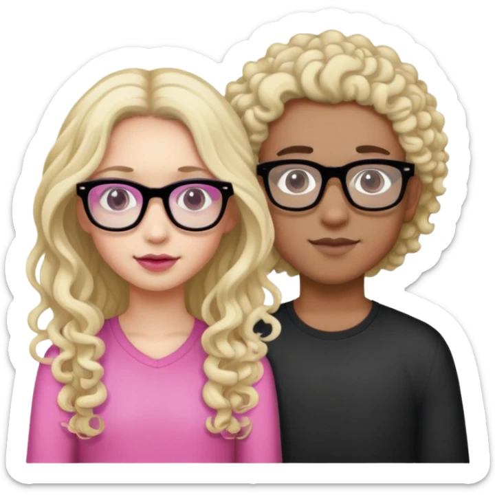 Girl with Long Curly Dark Brown Hair, Pink glasses, And a mixed skin tone. Boy with white skin tone, Long Blonde Hair and black glasses  sticker