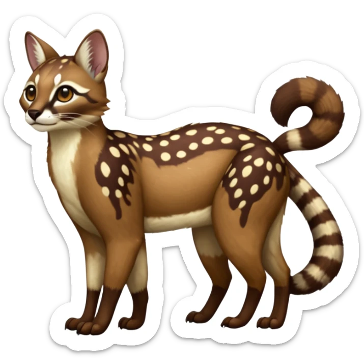 Colorful dark chocolate-brown tropical beige fur glorious divine exotic cute cool beautiful shiny beautiful fantasy-caracal-civet-genet-sergal-vernid-Cacomistle-oncilla-animal-Fakémon-hybrid-fursona with white deer-spots pattern markings (full body) sticker