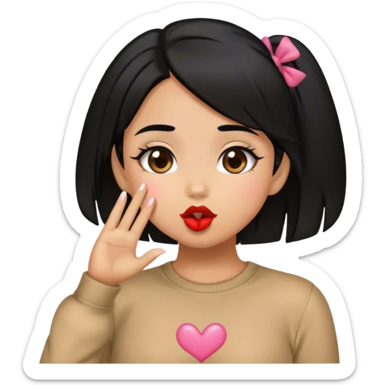 Tan girl with black hair sending kisses and cute outfit sticker