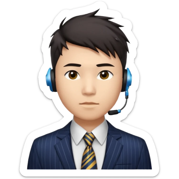 A young Asian man with light skin, short dark hair styled upward with a spiked swoop in front, a clean-shaven face, focused eyes, and a slim headset over one ear, wearing a dark pinstripe suit with a patterned dress shirt and a bright solid-colored tie visible from the chest up. sticker