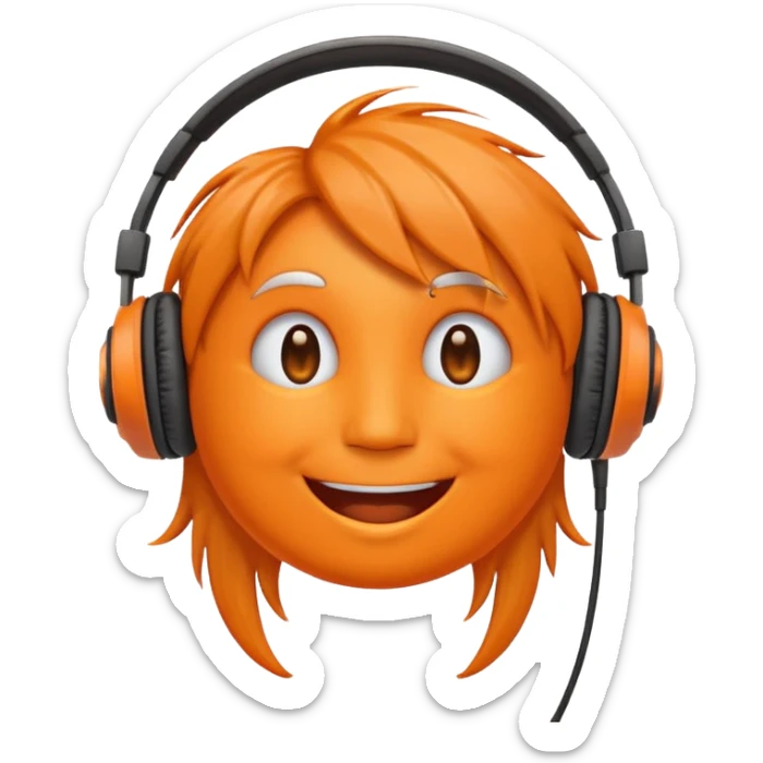 Orange happy face emoji with a couple of hair,headphones,and antennas. sticker