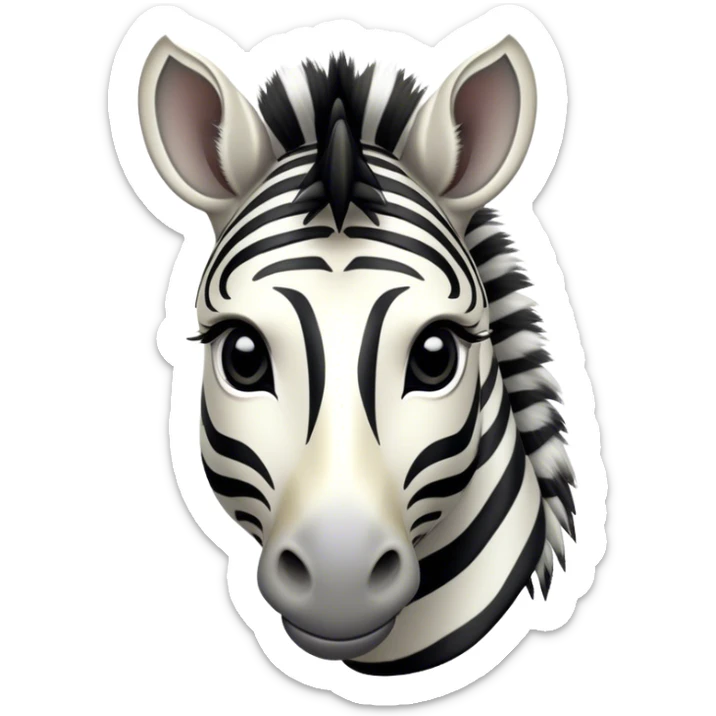 Cinematic Noble Zebra Portrait Emoji, Poised and regal, with a lean, elegant build and a striking Fur of bold black and white stripes, deep-set soulful piercing eyes, Simplified yet sharp and sophisticated features, highly detailed, glowing with a soft, dignified glow, high shine, intelligent and graceful, stylized with an air of savannah chic, focused and attentive, soft glowing outline, capturing the essence of a watchful and confident equine, so majestic it feels as though it could gallop out of the screen with effortless authority! sticker