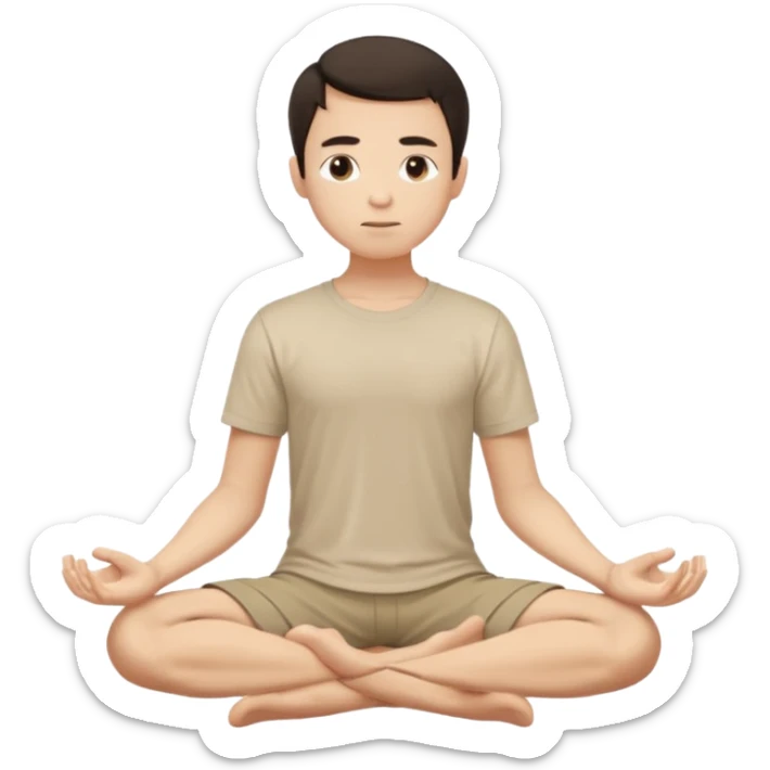 rapaz magro cabelo escuro, camiseta bege e  bermuda bege escuro, corpo inteiro meditan sticker