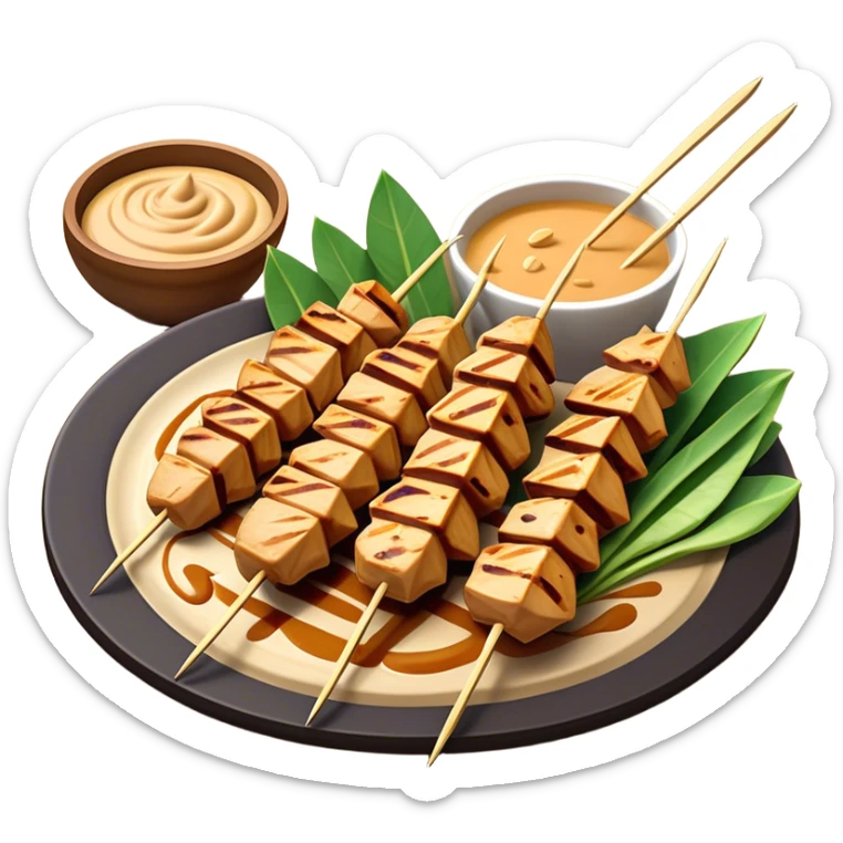Cinematic Realistic Indonesian Chicken Satay Dish Emoji, depicted as succulent, marinated chicken skewers grilled to perfection with a subtle char, drizzled generously with a rich, creamy peanut sauce that glistens under warm, natural lighting. The vibrant textures of the tender meat and smooth, spicy sauce evoke the authentic flavors of Indonesian street food, rendered with lifelike detail and dynamic, appetizing lighting. sticker