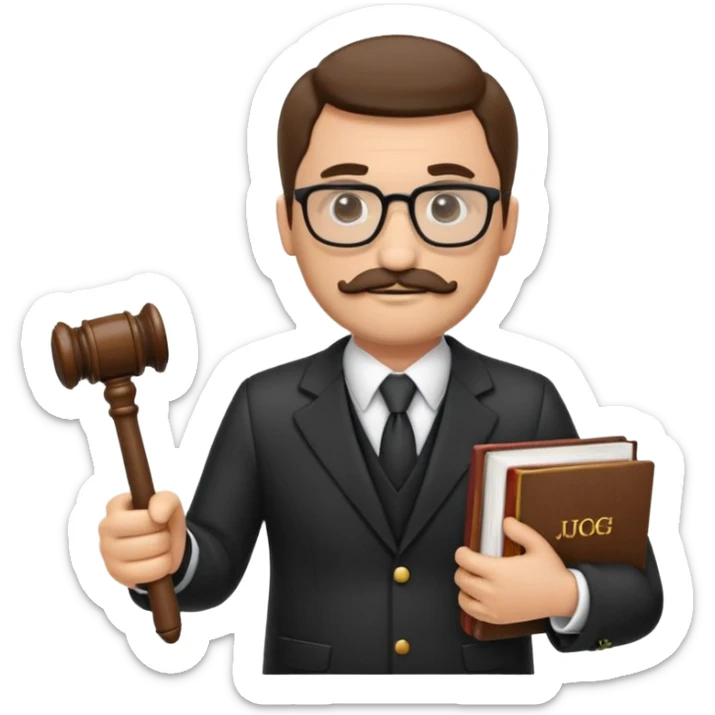 “Create a clean, modern emoji-style illustration of a male lawyer. He is wearing a formal suit jacket. He is holding a judge’s gavel (QUE SE VE DE COSTADO) in one hand and has a law book tucked under his arm. He has a mustache and a short beard, and GLASSES sticker