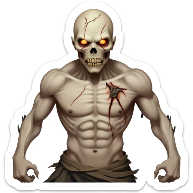 Cinematic Realistic WoW undead civilian Portrait, captured in a fierce, battle-ready stance, muscles taut beneath his tattered, earth-toned attire. His decayed, pallid skin and glowing eyes are rendered with intense lifelike detail and dynamic lighting, high shine, embodying the raw, relentless fury of an undead civilian in the heat of combat. sticker