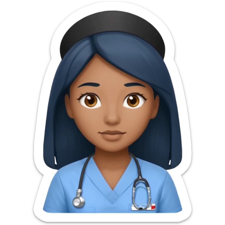 pretty brown skin nurse with long black hair and slanted brown eyes in light blue scrubs sticker