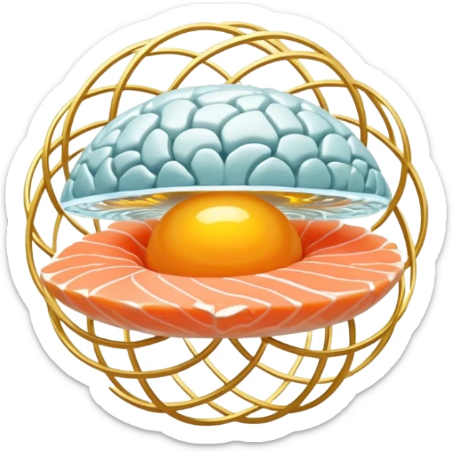 A sparkling crystal brain surrounded by pieces of salmon, a golden egg yolk, and fermented soy floating in a spiral. Thin light beams connect from these foods to glowing points on the brain surface, creating a circuit of expanded focus. sticker