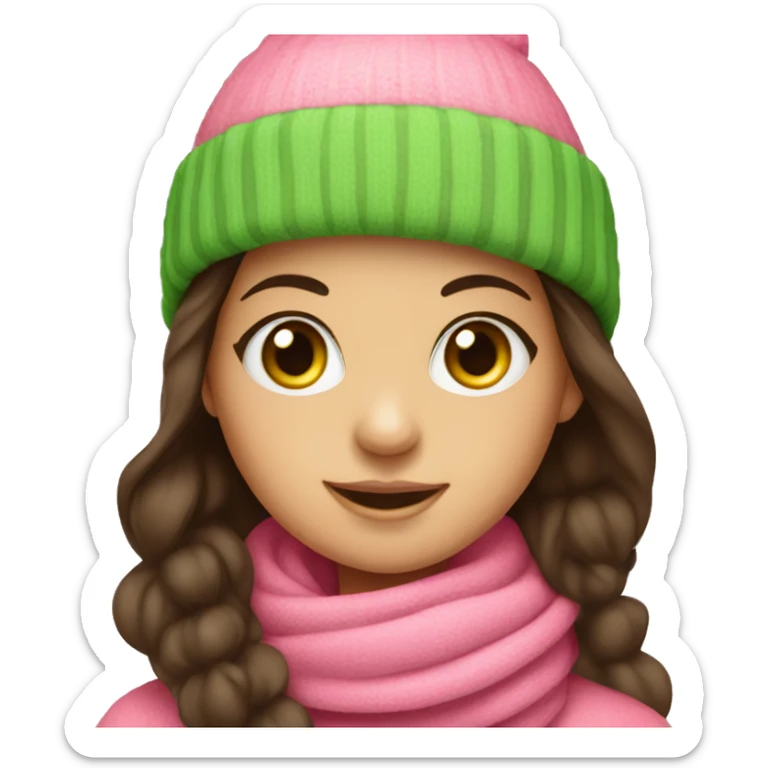 A girl with green eyes and long dark brown hair wearing a pink hat with Pom pom and scarf sticker