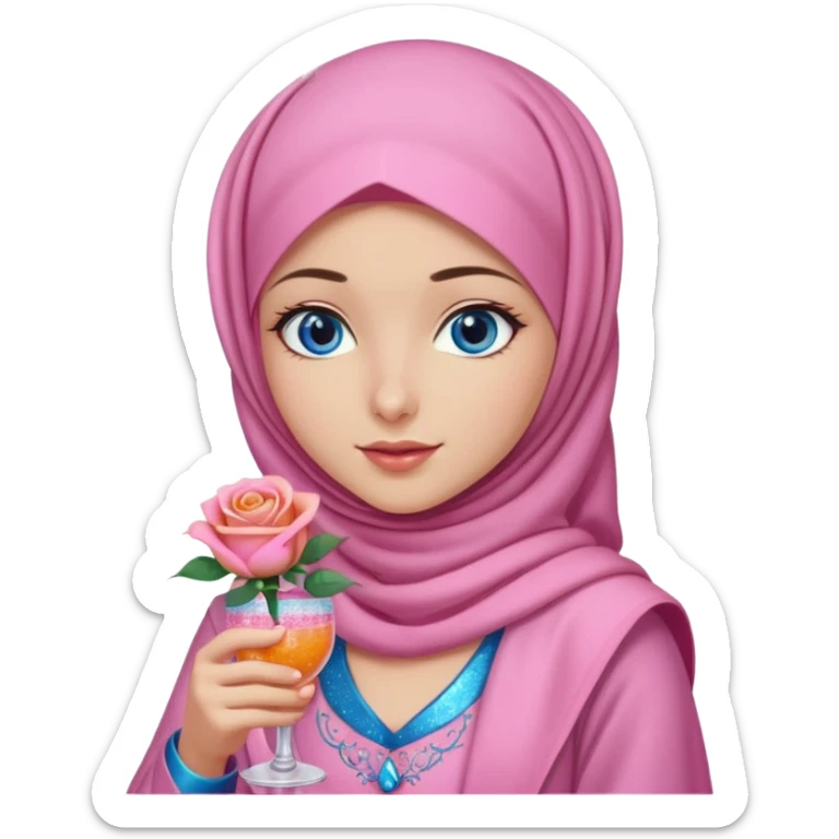 Turkish beautiful finish Konya girl blue eyes with  pink hijab islamic dress and had on her hand Glittery rose mocktail with orange light pink roses sticker
