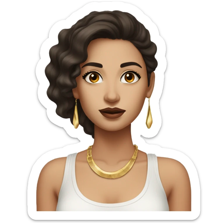 woman with long wavy dark brown hair, big dark brown eyes with thick eyelashes, thick round lips wearing a white tank top and gold earrings white sking and she is young and the hair is between wavy and straight sticker