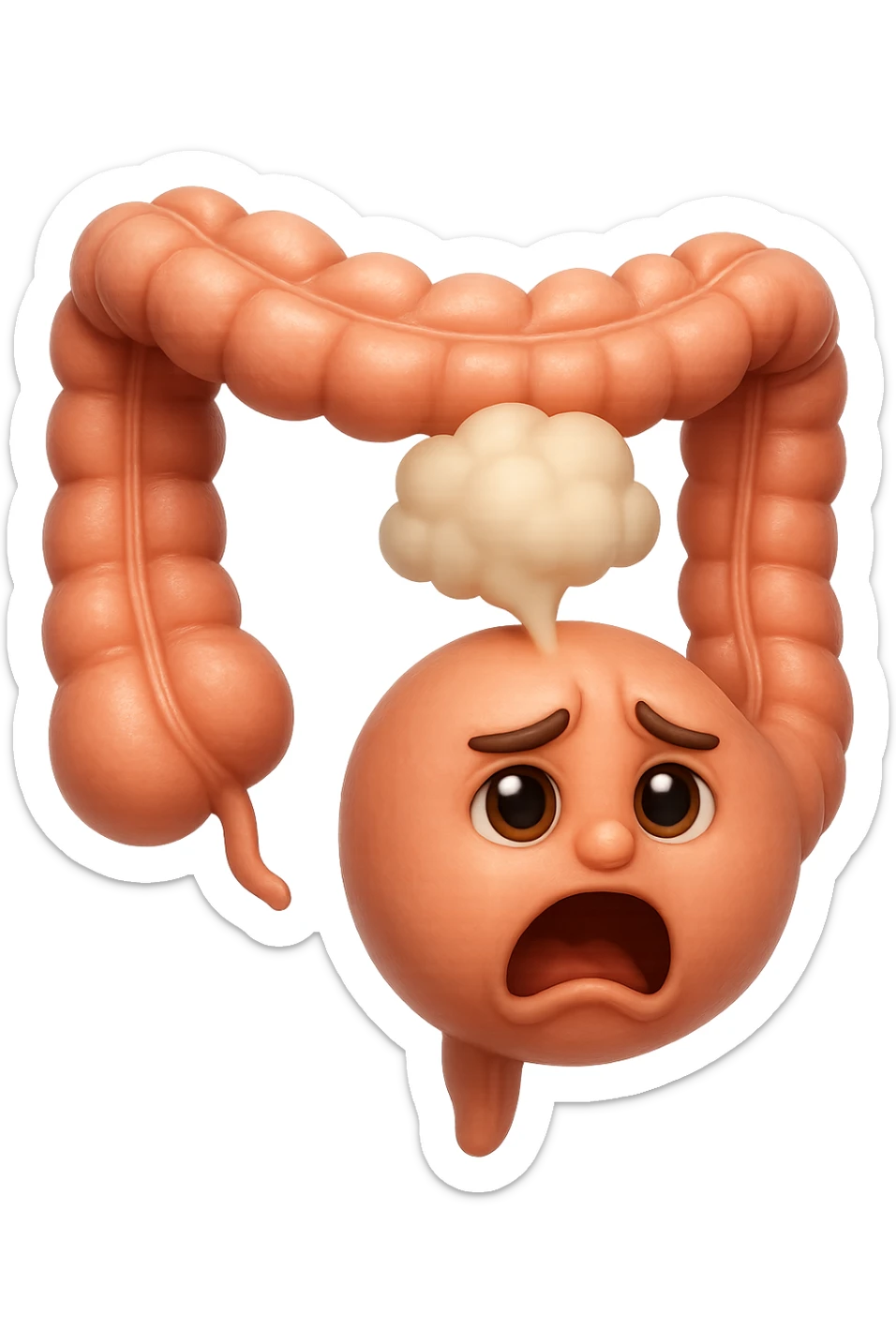 emoji stile iphone di un intestino che ingoia una nuvoletta di aria ben visibile e gli si gonfia la pancia, non fargli il naso, iperrealistico 4k sticker