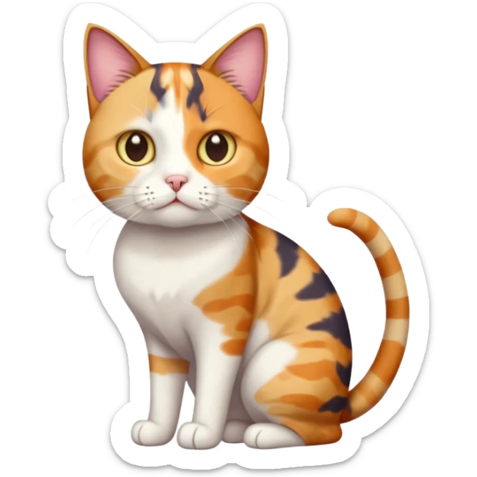 full body colourful calico tabby cat with disproportioned head with an anxious face and fully white front legs sticker