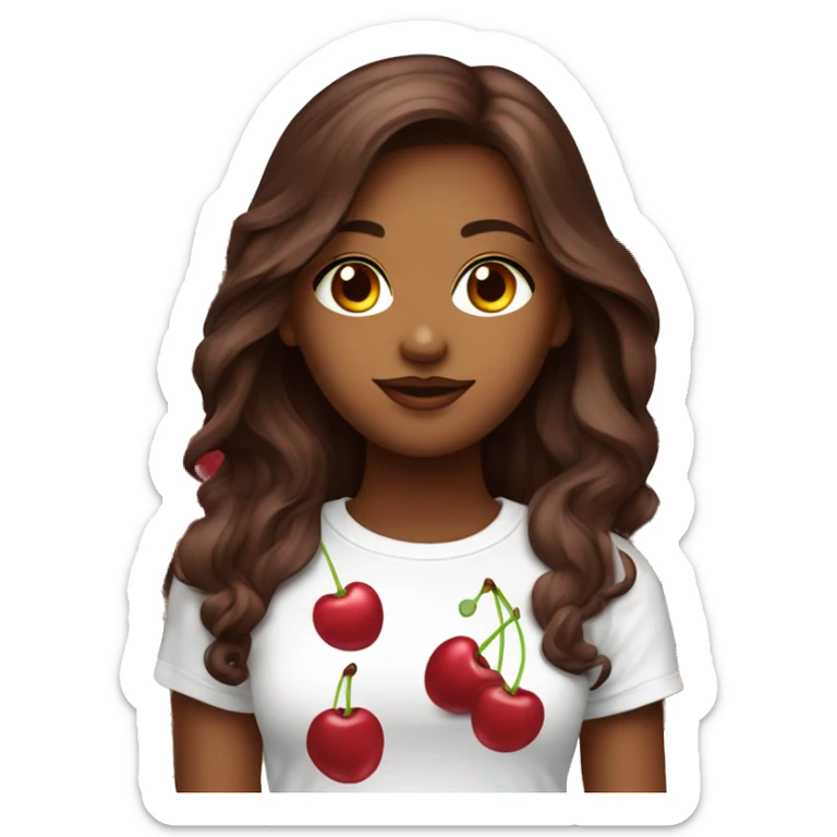 Dark cherry red long hair beautiful woman wear white t-shirt with cherry print  sticker