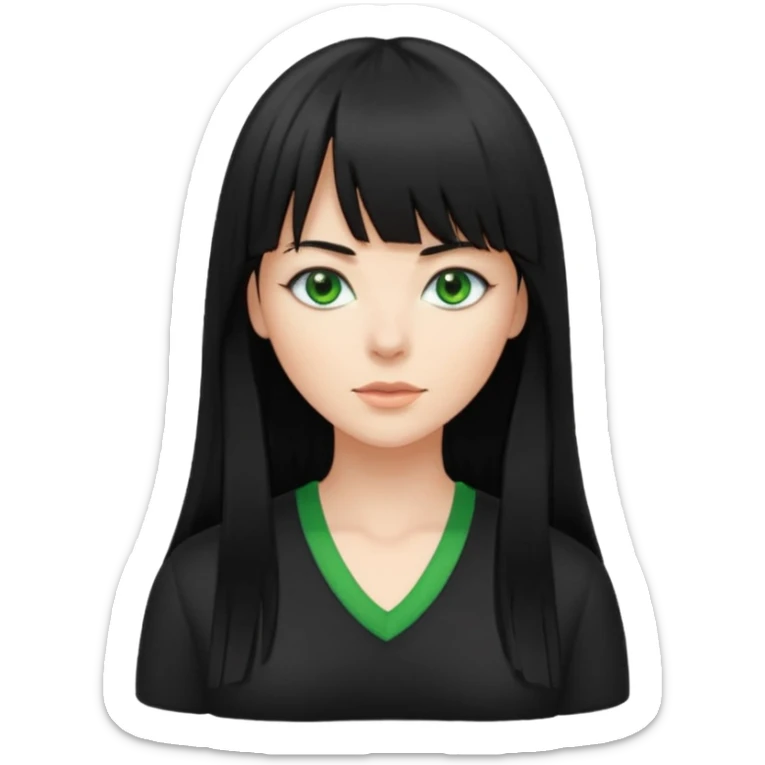 A white woman with Long straight hair with bangs, black hair, green eyes and a low-cut shirt sticker