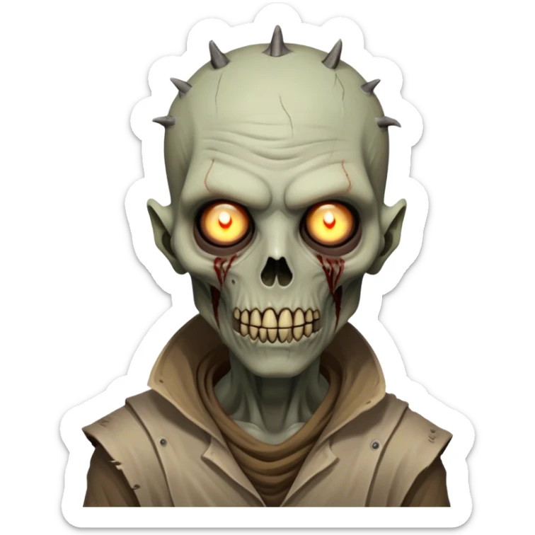 Cinematic Realistic WoW undead civilian Portrait, head tilted epicly and inquisitively, showcasing grim resilience and defiant strength. His withered, pallid skin and intense, glowing eyes contrast starkly with his worn, earth-toned clothes, rendered in meticulous detail. With dynamic, high-contrast lighting and high shine, this portrait exudes an epic aura, capturing the relentless will of a battle-hardened undead civilian. sticker