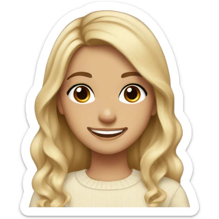 Girl with brown eyes, medium skin, long slightly wavy hair with dark brown roots with blonde ends wearing a cream jumper smiling happy  sticker