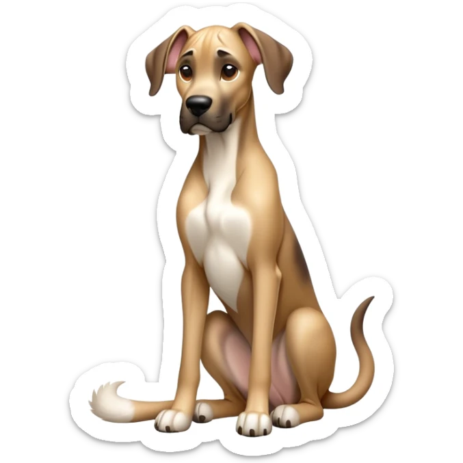 cinematic-[fawn great dane]-realistic-full-body-sitting-emoji,-tail-resting-loosely-beside-its-paws,-head-tilted-dramatically,-sleek-[fawn]-fur,-simplified-yet-realistic-focused-features,-highly-detailed,-glowing-with-an-almost-sarcastic-glow sticker