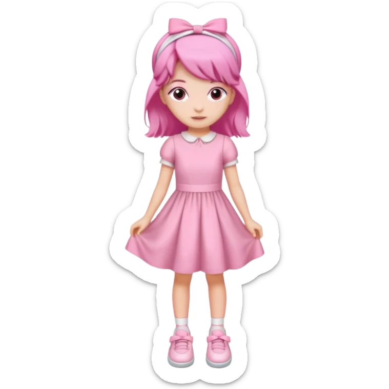 A girl wear a a pink pink dress and pink wacth and a pink hairband and a white shoes sticker