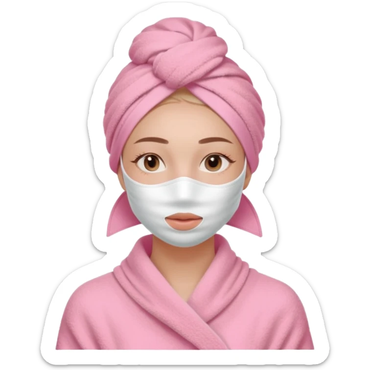 Clean girl influencer character, chest-up portrait, wearing a pink towel wrapped around the head, facial skincare mask on face, relaxed confident expression, soft glow skin, minimal chic aesthetic, subtle beauty accessories, calm self-care vibe sticker
