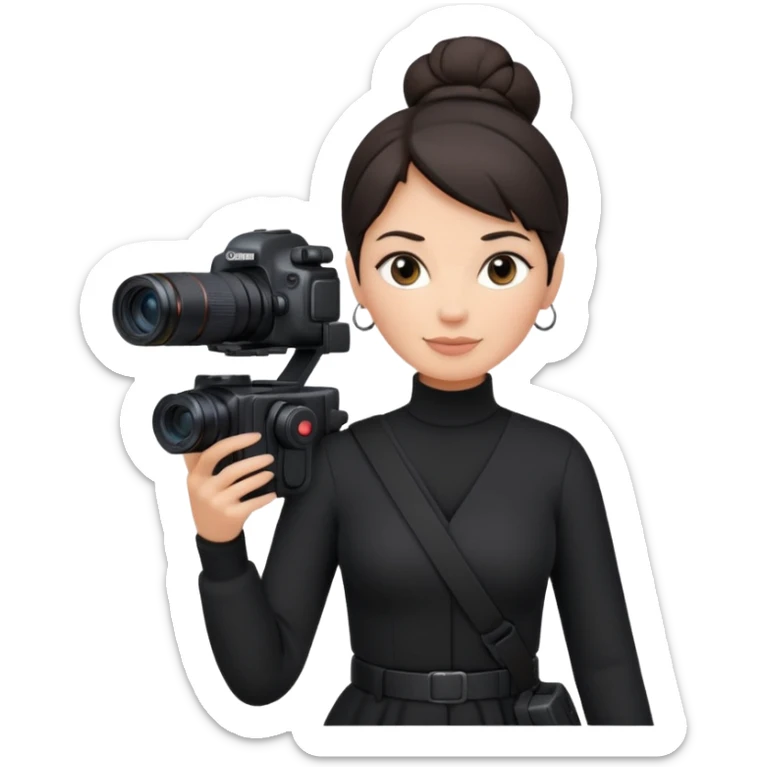 middle aged woman photographer with dark hair in a bun, wearing black clothes, carrying a canon r5 and an iPhone on a gimbal sticker
