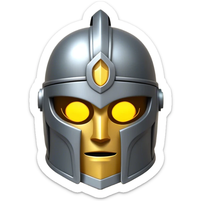 Clash of Clans aesthetic: Cinematic heroic Steel full face Helm Emoji, rendered in a 3D vector-style similar to standard emojis with minimal shading and bold, simplified shapes. A compact, isometric helmet crafted of shining steel with intricate engravings and a protective visor, softly glowing with a noble warrior charm. Simplified yet unmistakably iconic, highly detailed and consistent, glowing with a soft radiant gleam and high polish. Stylized with a touch of chivalric tradition and a soft glowing outline, capturing the essence of a stalwart battle helm with a friendly, playful manner! sticker