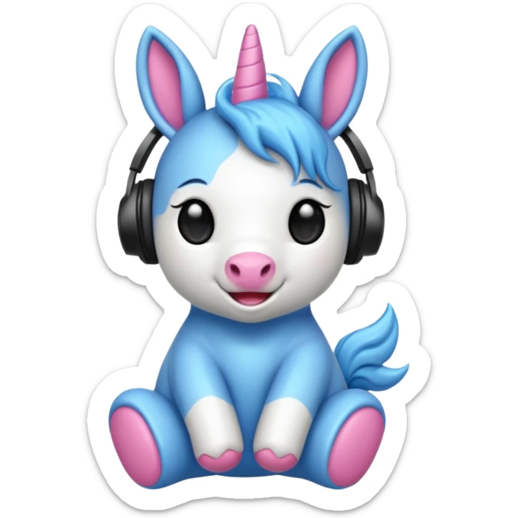 Unicornio bebé azul sentado escuchando música con auriculares negros sticker