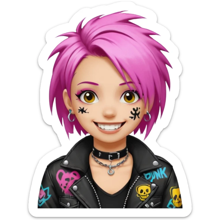 a punk girl with neck-length dyed hair and wear a punk graffiti jacket with black choker grin playfully  sticker