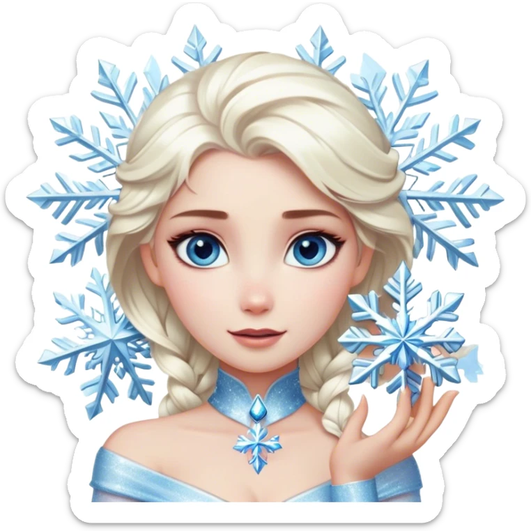 Cinematic Realistic Elsa Portrait, depicted with lifelike skin texture, soft natural lighting, and intricately detailed platinum blonde hair styled elegantly. Her striking, expressive blue eyes exude confidence and grace, complemented by a serene and regal expression. She holds a shimmering snowflake delicately in one hand, her other hand resting against her gown, embodying the power and beauty of winter. She is dressed in her signature icy attire, with shimmering fabric textures and delicate folds that catch the light beautifully. The portrait features a soft, enchanting glow with a cool, radiant finish, capturing the essence of timeless elegance in a realistic and painterly style. sticker