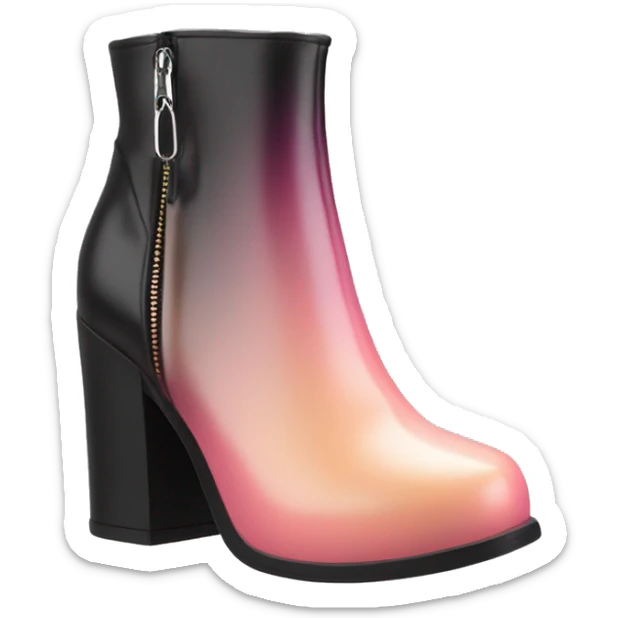 Hyper Realistic isolated top front view of a pair  of peach,pink and black ombre chunky heel zippered ankle bootie boots. sticker
