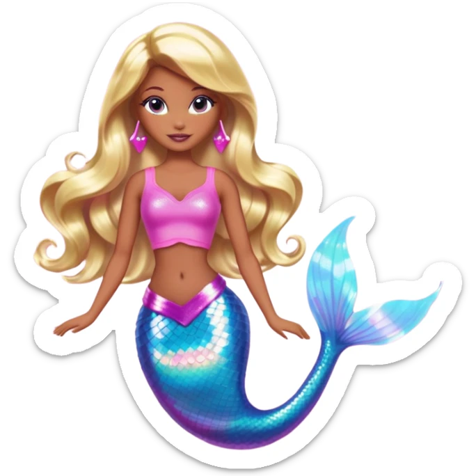 Brown skin blonde hair barbie mermaid with holographic tail and pink highlights in hair  sticker