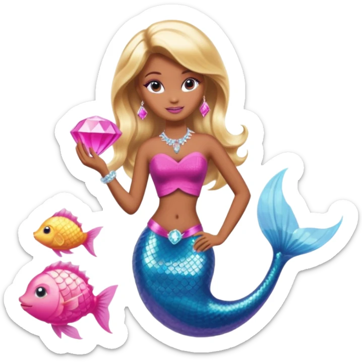 Brown skin blonde hair barbie mermaid with pink diamond tail  with pufferfish sticker